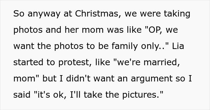 Text describing a woman excluded from family photos by homophobic mother-in-law, leading her to take the pictures herself.
