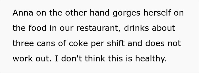 Text excerpt showing frustration with a coworker preaching body positivity while skinny-shaming and unhealthy habits.