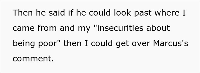 Text excerpt about insecurities and comments, highlighting a boyfriend laughing off claims about girlfriend's spending habits.