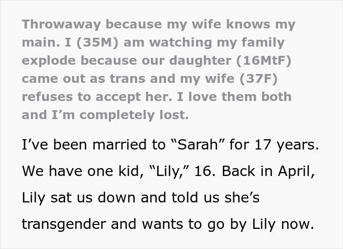 Text post about a husband feeling lost as his wife goes transphobic after their child comes out as transgender. Text post about a husband feeling lost as his wife goes transphobic after their child comes out as transgender.