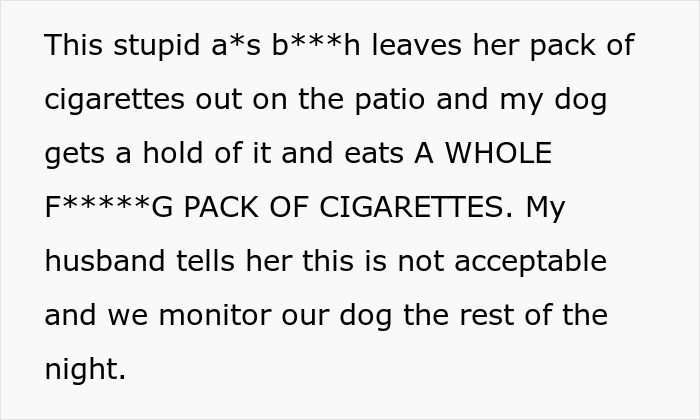 Text describing MIL poisoning family dog, verbally attacking woman, and causing conflict within the household.