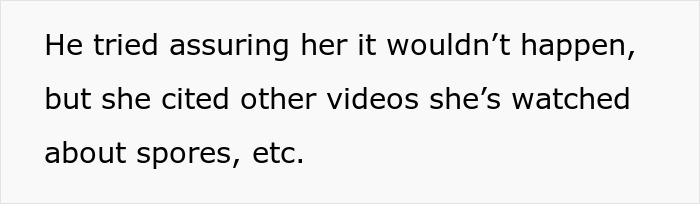 Text excerpt discussing someone assuring another about spores, highlighting a woman calling out her SIL for pretending to have a food allergy.