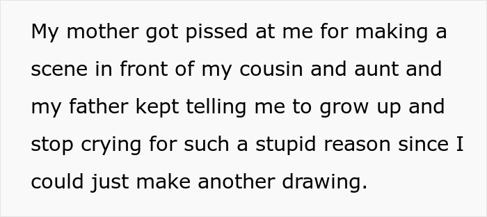 Text excerpt about a dad fixing 19-year-old daughter's first real drawing, causing her to get upset. Text excerpt about a dad fixing 19-year-old daughter's first real drawing, causing her to get upset.