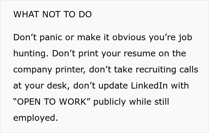 Text advice about subtle red flags indicating job insecurity, warning against obvious job hunting behaviors at work. Text advice about subtle red flags indicating job insecurity, warning against obvious job hunting behaviors at work.
