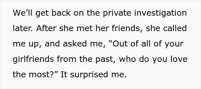 Text excerpt about a man surprised by questions from fianc&eacute;e's family amid private investigation concerns.