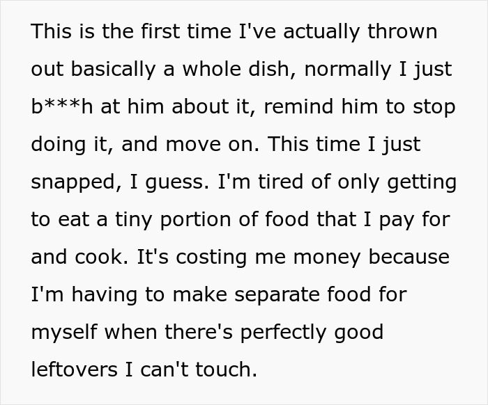 Text excerpt about woman rethinking relationship after boyfriend salts entire pot of chili, expressing frustration over food waste.