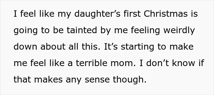 Text expressing a 23-year-old new mom feeling conflicted and upset about hiding her baby from her religious family.