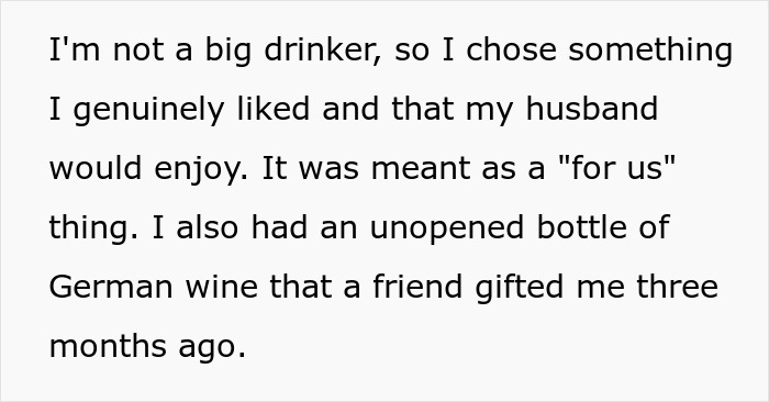 Text excerpt explaining a woman choosing souvenir wines from abroad for her husband, including unopened German wine gifted by a friend. Text excerpt explaining a woman choosing souvenir wines from abroad for her husband, including unopened German wine gifted by a friend.