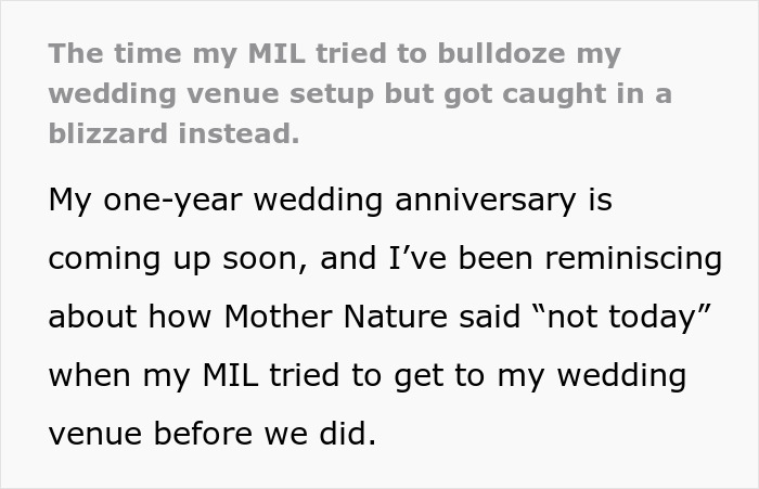 Mother-in-law demands wedding venue changes but gets stuck in a storm preventing access to the site.