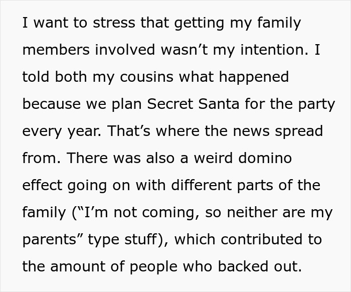 Text excerpt discussing a family Secret Santa plan and the domino effect leading to some members backing out.