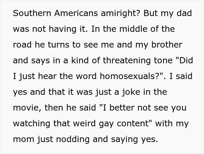 Text excerpt showing a secretly gay teen confronting homophobic parents over disrespect and watching gay content.