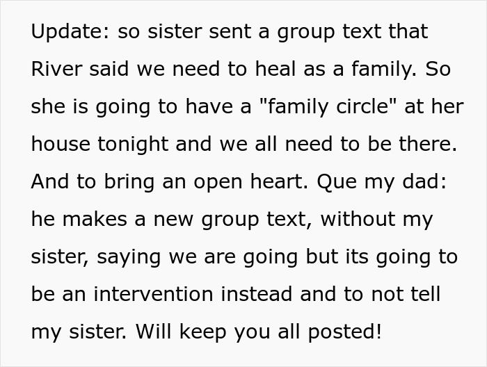 Text update about sister&rsquo;s barefoot spiritual advisor causing family chaos and intervention plans at Thanksgiving gathering.