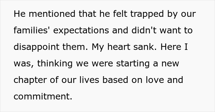 Text excerpt revealing groom’s unexpected feelings about bride, highlighting couple split at altar and emotional support sought by bride. Text excerpt revealing groom’s unexpected feelings about bride, highlighting couple split at altar and emotional support sought by bride.