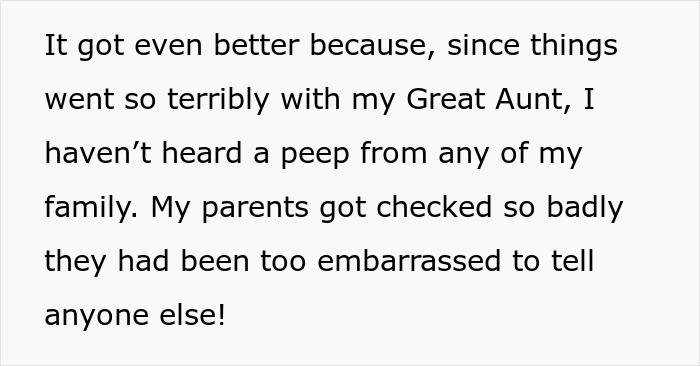 Text excerpt discussing bride’s parents causing drama and being criticized by great aunt, leading to family estrangement. Text excerpt discussing bride’s parents causing drama and being criticized by great aunt, leading to family estrangement.