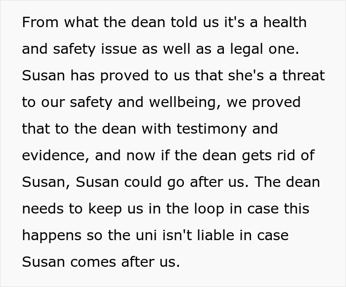 Text discussing a health and safety issue involving Susan, with concerns about liability and potential retaliation at a university.