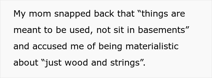 Text excerpt with a quote about a mom insisting items are meant to be used, not stored, on materialism.