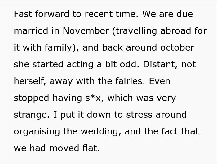Text excerpt discussing fianc&eacute;e&rsquo;s unexpected request months before wedding causing stress and doubt for the man.