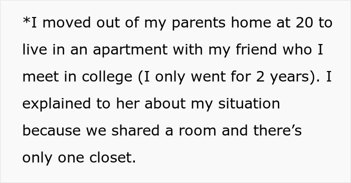 Text excerpt about moving out to live with a friend in college, discussing sharing a room with one closet.