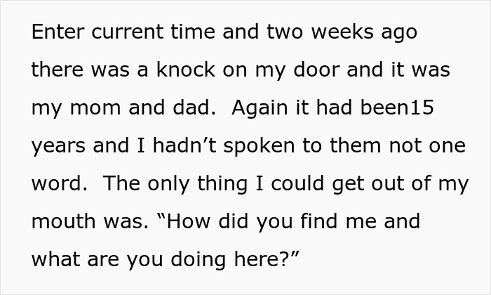 Text describing a man confronting his family who stalked him after being disowned 15 years ago, expressing shame and guilt.