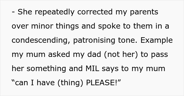 Text excerpt describing a toxic mother-in-law&rsquo;s condescending behavior during a casual Christmas hosted by a woman.
