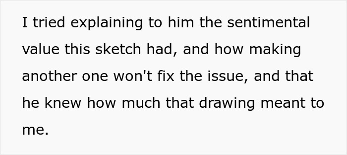 Text about a dad fixing his 19-year-old daughter's first real drawing, causing tension over sentimental value. Text about a dad fixing his 19-year-old daughter's first real drawing, causing tension over sentimental value.