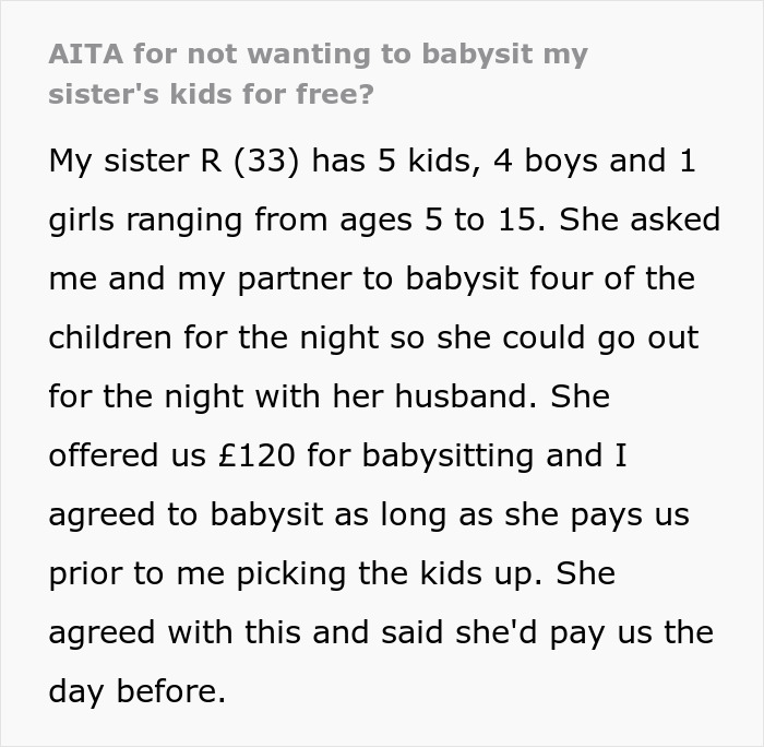 Text post discussing a lady expecting her sister to babysit four kids for free using the family card excuse.