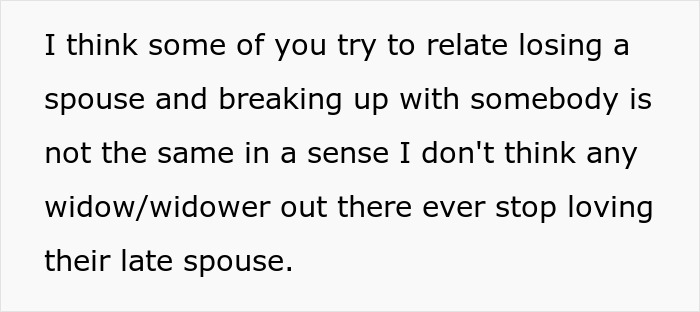 Text about the emotional difference between losing a spouse and breaking up, related to breaking up ultimatum over ring.