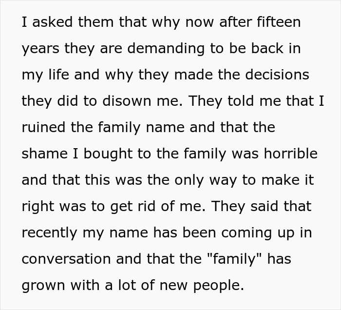Text excerpt about family disowning a man 15 years ago over shame and guilt related to family name.