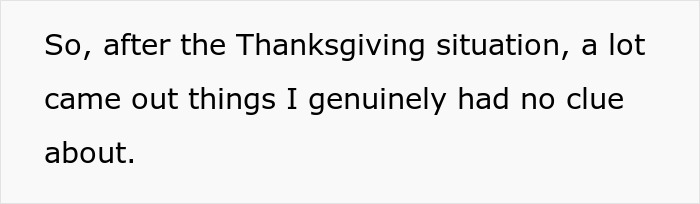 Text excerpt on a white background about Thanksgiving revealing unknown family issues during a tense dinner discussion.