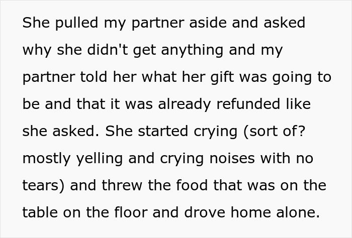 Text describing a woman upset because her son’s partner came without a gift after being asked not to get tacky little trinkets. Text describing a woman upset because her son’s partner came without a gift after being asked not to get tacky little trinkets.