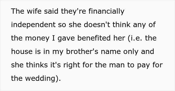 Text excerpt about brother money wife family dispute over house ownership and wedding costs
