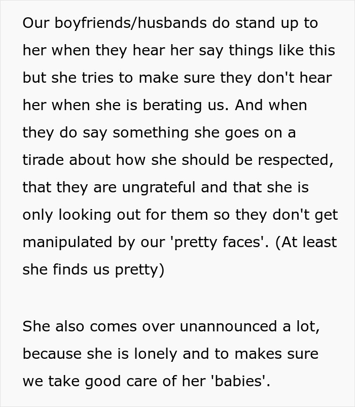 Text about women pretending not to know MIL is coming, ruining her surprise and causing tension with boyfriends. Text about women pretending not to know MIL is coming, ruining her surprise and causing tension with boyfriends.