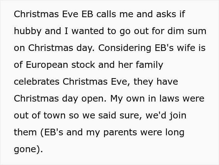 Text excerpt about brother makes bil pay dinner invitation on Christmas Day from family with mixed traditions and plans.