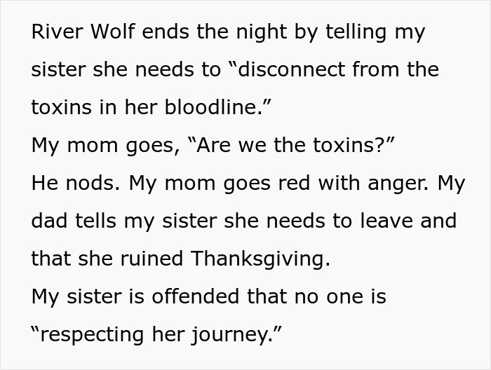 Text excerpt showing a sister&rsquo;s barefoot spiritual advisor causing comical chaos and getting kicked out at Thanksgiving.