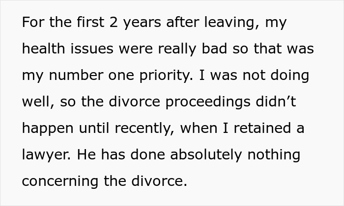 Text excerpt about a woman&rsquo;s regret and reality check after divorce highlighting divorce proceedings and health issues.