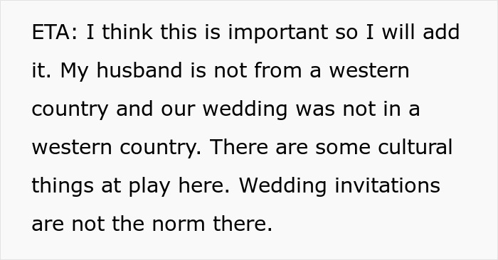 Text excerpt explaining cultural context of a wedding where invitations are not the norm in some countries.
