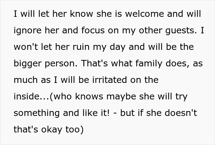 Text discussing a picky-eater MIL bringing her own food to Thanksgiving dinner, causing tension with DIL. Text discussing a picky-eater MIL bringing her own food to Thanksgiving dinner, causing tension with DIL.