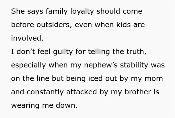 Text excerpt about family loyalty and truth telling in custody court amid brother's abandonment and family drama.