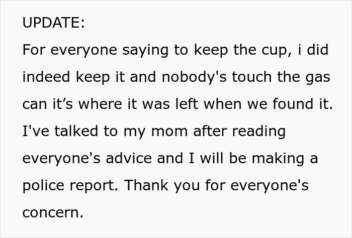 Screenshot of update post about keeping a gas can at a party and filing police report after mentally unstable woman incident Screenshot of update post about keeping a gas can at a party and filing police report after mentally unstable woman incident