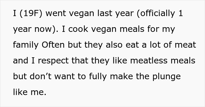 Text post about a 19-year-old who went vegan but respects family eating meat, facing no vegan options Christmas Eve dinner.