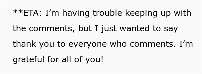 Text on screen showing an update message thanking everyone for comments on a family Disney trip conflict post.