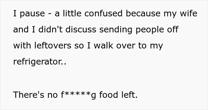 Text describing a couple hosting an expensive Thanksgiving dinner and finding no leftovers in the refrigerator afterward. Text describing a couple hosting an expensive Thanksgiving dinner and finding no leftovers in the refrigerator afterward.
