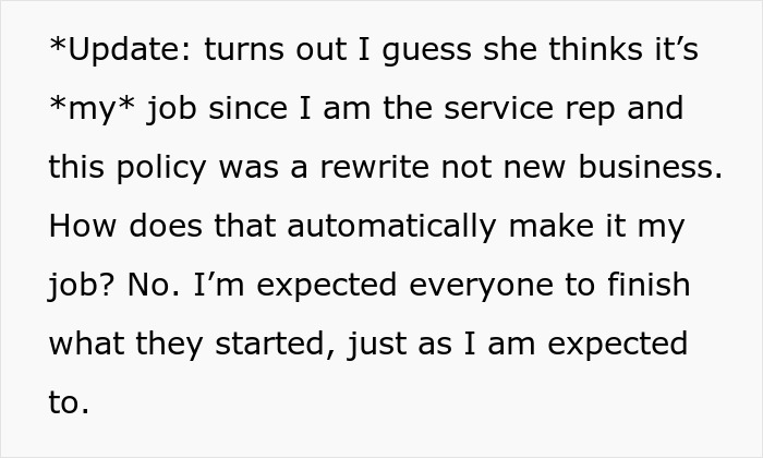 Text excerpt showing frustration with a coworker refusing to fix her own mistake and passing the task back. Text excerpt showing frustration with a coworker refusing to fix her own mistake and passing the task back.