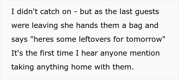 Text excerpt about a couple hosting an expensive Thanksgiving dinner and guests taking leftovers home. Text excerpt about a couple hosting an expensive Thanksgiving dinner and guests taking leftovers home.