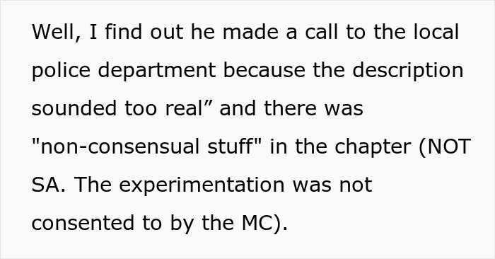 Text excerpt about a woman&rsquo;s novel leading her boyfriend to call the police over non-consensual content.