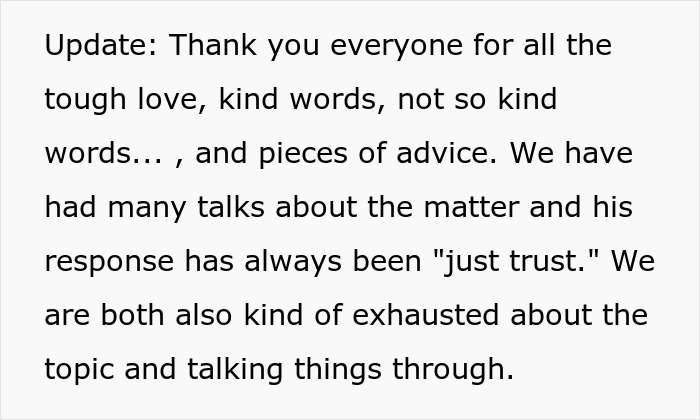 Text update expressing gratitude for advice and discussing trust and exhaustion in handling issues with unemployed husband paying bills.
