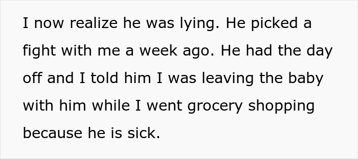 Text excerpt describing a stay-at-home-mom realizing her partner's lies after he refuses chores and childcare duties.