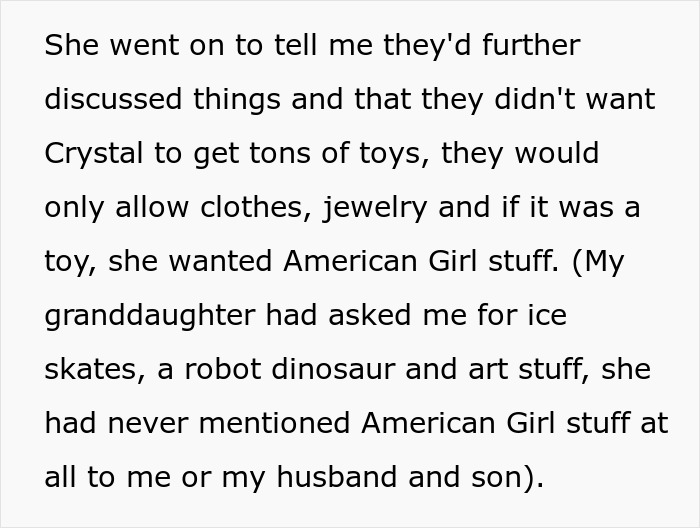 Text excerpt discussing restrictions on toys and preferences involving grandma’s savage holiday clapback to entitled ex-daughter-in-law. Text excerpt discussing restrictions on toys and preferences involving grandma’s savage holiday clapback to entitled ex-daughter-in-law.