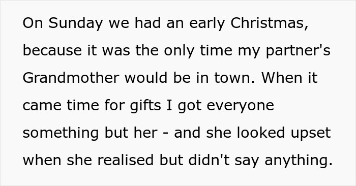 Text excerpt about a woman upset that her son’s partner came without a gift after she asked him not to bring tacky little trinkets. Text excerpt about a woman upset that her son’s partner came without a gift after she asked him not to bring tacky little trinkets.