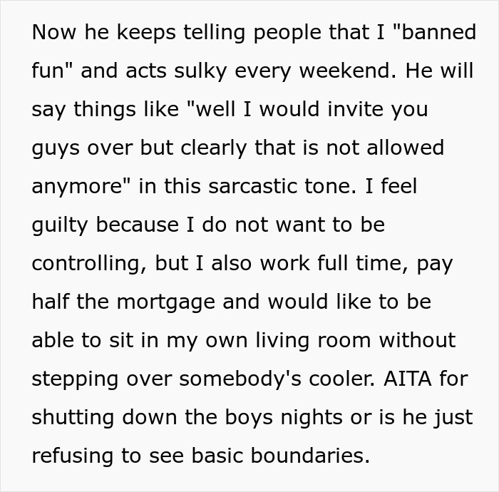 Alt text: Woman shuts down boys&rsquo; nights at their house, setting boundaries after friends go too far and create discomfort.